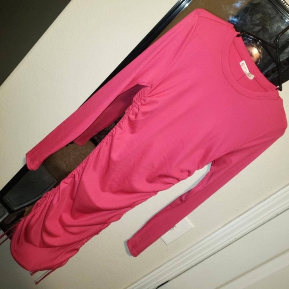 Bright Pink Long Sleeve Ruched Dress | Sz S - Picture 1 of 4